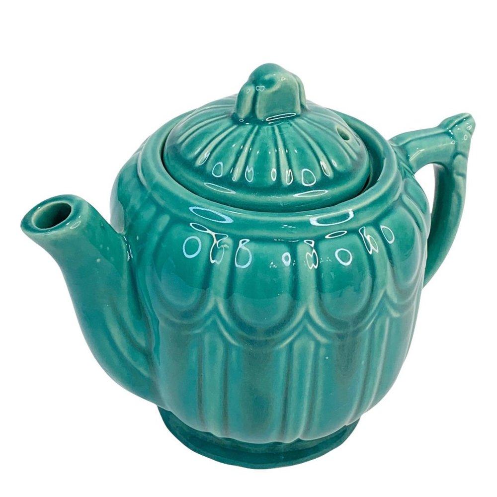“SOLD” Vintage Shawnee Tea Pot MCM Ribbed Drape Pottery USA 1940s 40s Green - Picture 1 of 11